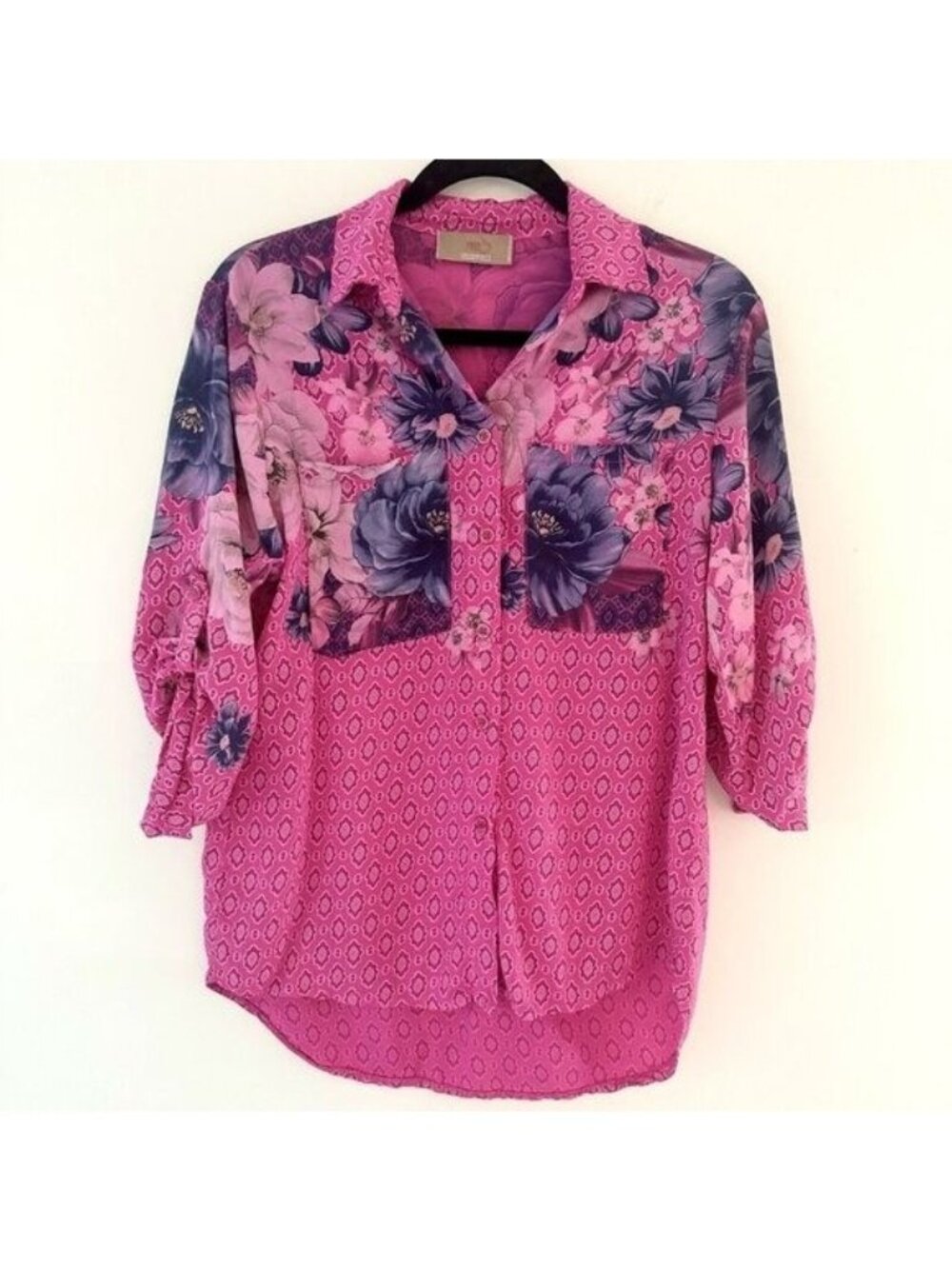 Free For Humanity Small Blouse Button Down Mixed Floral Twee Roll Tab Barbie Fun - Picture 4 of 16